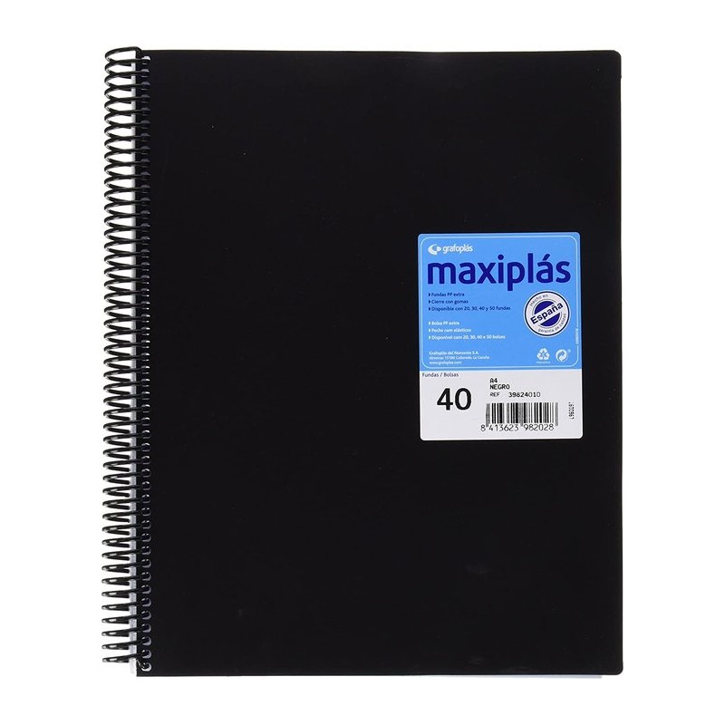 Carpeta espiral 40 fundas A4 negro Maxiplas