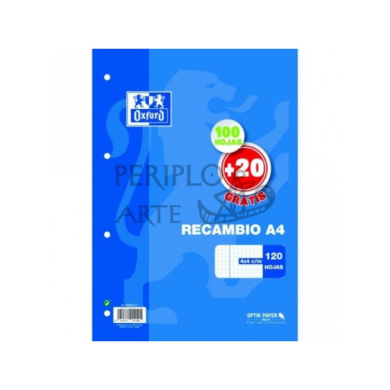 Recambio A4 4 taladros cuadros 4mm 100h 20 Oxford